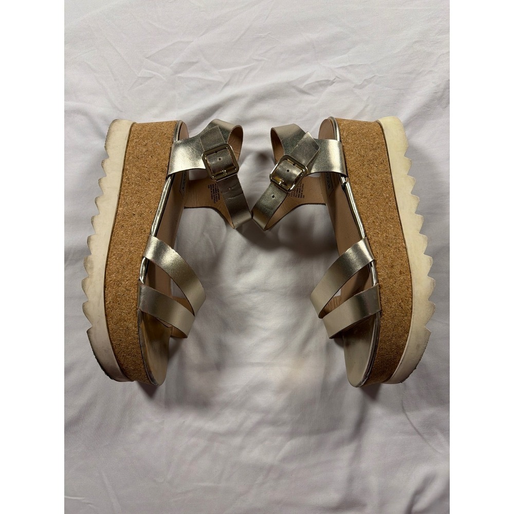 Steve Madden Womens Gold Metallic Cork Platform Wedge Sandals Sawtooth Sole 9M